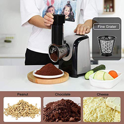 Electric Cheese Grater and Slicer Shredder for Kitchen, 150W 5 Cones | Salad Maker Grates slices shreds cheese vegetables fruits nuts,for salad pizza soup,5 stainless steel cones,one-touch control