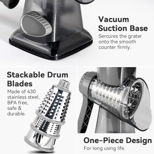 3 in 1 Manual Vegetable Cutter Machine with Stainless Steel Changeable Blades Rotary Cheese Grater Kitchen Tool Potato Slicer Shredder Nuts Chocolate Chopper (Transparent black)