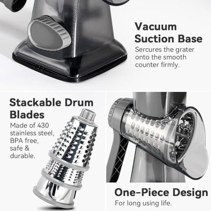 3 in 1 Manual Vegetable Cutter Machine with Stainless Steel Changeable Blades Rotary Cheese Grater Kitchen Tool Potato Slicer Shredder Nuts Chocolate Chopper (Transparent black)