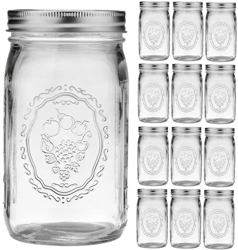 Esrentle Mason Jars 32 oz Wide Mouth - 12 Pack Quart Glass Mason Jars with Airtight Lids and Bands for Canning, Pickling, Food Storage, Fermenting, Leak Proof, Reusable - color: 32 oz-12Pack-Fruit