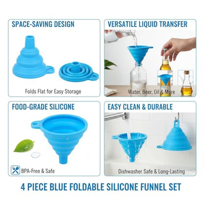 4 Pack Silicone Collapsible Kitchen Funnel for Water Beer Oil Filling Bottles ，Foldable Silicone Funnel Set – Collapsible Small & Large Funnels, Water Bottles & Liquid Transfer – Food Grade（Blue） - color: blue