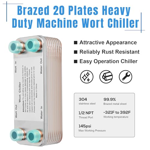 Ferroday 20 Plate Wort Chiller Stainless Steel Brazed Plate Heat Exchanger 1/2 NPT Thread Plate Chiller, Beer Brewing Chiller Wort Cooler For Homebrew (7.5" x 1.97") - size: 20-plate(1/2 npt)