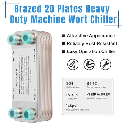 Ferroday 20 Plate Wort Chiller Stainless Steel Brazed Plate Heat Exchanger 1/2 NPT Thread Plate Chiller, Beer Brewing Chiller Wort Cooler For Homebrew (7.5" x 1.97") - size: 20-plate(1/2 npt)