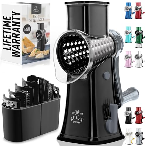 Zulay Kitchen Rotary Cheese Grater 5 Blade Cheese Shredder - Manual Hand Crank Cheese Grater With Reinforced Suction & 5 Interchangeable Drums - Easy to Use, Vegetable Chopper Round Mandoline Slicer - color: Black Gray