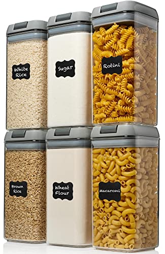 Shazo Airtight Food Storage Containers with Lids - 6 PC BPA Free Clear Plastic Cereal Containers with Easy Lock Lids for Kitchen and Pantry Organization for Snacks and Pasta - 1.2L - color: Gray