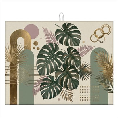 Absorbent Kitchen Dish Drying Mat Quick Dry Heat Resistant Hide Stain for Glasses Coffee Espresso Machines Pots Pans and Dish Racks,18" x 24" Boho Monstera Gold Geometric Pattern - color: Boho Monstera Gold Geometric