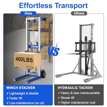 122" Material Lift Winch Stacker, 400 lbs Capacity Manual Material Lifts, Fixed Straddle Material Lifter, Hand Winch Lift Trucks for Warehouse, Factory, Lightweight, 34.60" L x 24.80" W, Blue - color: Blue