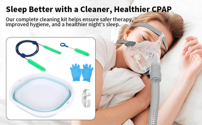 CPAP Cleaner Kit - Dedicated Basin & Flexible Tube Brush | CPAP cleaning kit: dedicated basin, long brush, drying hook, gloves & mask tool. BPA-free. Fits all tubing.