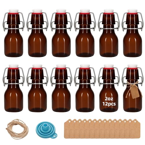 12Pcs 2oz Swing Top Glass Bottles,Flip Top Glass Bottle with Lids Sealable Kombucha Bottle for Brew Beer Syrup Vanilla Extract Air Tight Bottles (Amber) - color: Amber