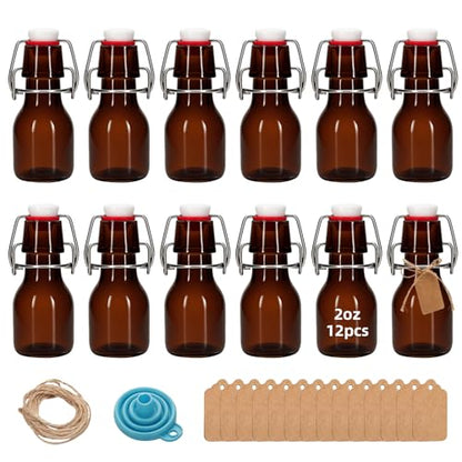 12Pcs 2oz Swing Top Glass Bottles,Flip Top Glass Bottle with Lids Sealable Kombucha Bottle for Brew Beer Syrup Vanilla Extract Air Tight Bottles (Amber) - color: Amber