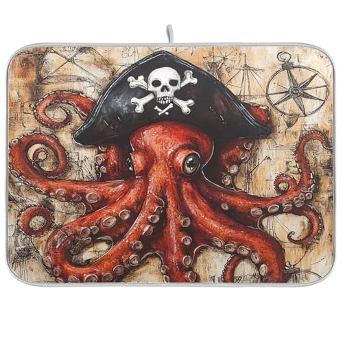 Octopus Pirate and Compass Dish Drying Mat for Kitchen Counter Drainer Rack Mats for Dishes Washable Absorbent Draining Heat Resistant Pad for Countertop 18x24 - color: Octopus Pirate and Compass, size: 18'' x 24''