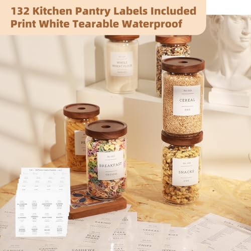 6 Pack Glass Canisters with Airtight Acacia Lids and 132 Kitchen Pantey Labels Preprint - 24 Fl Oz Borosilicate Glass Pantry Storage Jars Containers with Wooden Lids for Tea,Sugar,Cookie,Coffee,Candy - size: 24oz-6 Pack