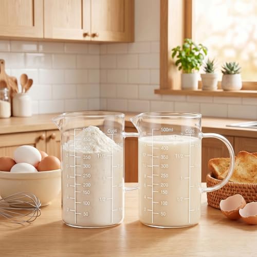 2 Pack Glass Measuring Cup, 500ML 2 CUP High Borosilicate Liquid Measuring Cup with 3 Scales (OZ, Cup, ML/CC), Glass Beaker with Handle and V-Shaped Spout for Kitchen Restaurant, Easy to Read