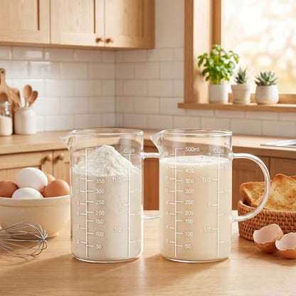2 Pack Glass Measuring Cup, 500ML 2 CUP High Borosilicate Liquid Measuring Cup with 3 Scales (OZ, Cup, ML/CC), Glass Beaker with Handle and V-Shaped Spout for Kitchen Restaurant, Easy to Read