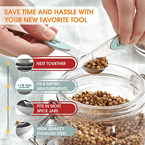 Spring Chef Stainless Steel Magnetic Measuring Spoons Set of 8 with Leveler, Nesting Metal Teaspoon & Tablespoon Measuring Spoons, Kitchen Gadgets for Baking & Cooking, Fits in Spice Jars - Mint - color: Mint, size: 1-Pack