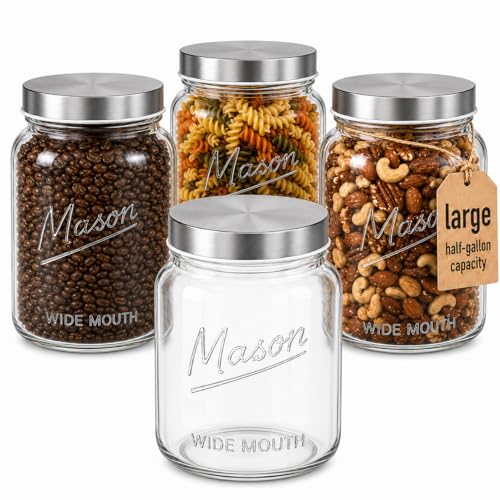 Kitchentoolz Half Gallon Glass Mason Jars with Extra Wide Mouth & Metal Lids - Airtight Food Storage & Canning Jars with Measurement Markings - 1/2 Gallon Mason Jar (4pk) - size: Pack of 4