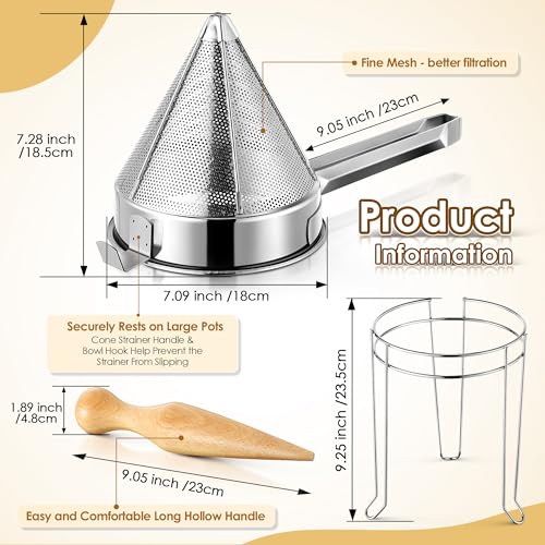 Feekoon Stainless Steel Chinois Strainer with Stand and Wooden Pestle Set, China Cap Strainer for Tomato, Berry, Fruit, Egg, Soup and Other Canning Jam Making Supplies, 15.35 x 7.67 x 7.28 inch