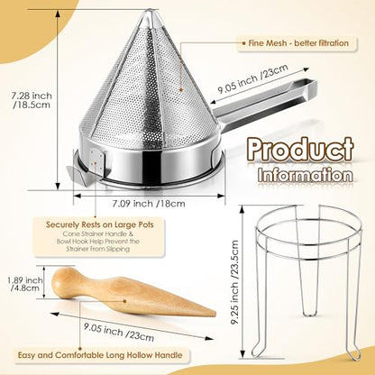 Feekoon Stainless Steel Chinois Strainer with Stand and Wooden Pestle Set, China Cap Strainer for Tomato, Berry, Fruit, Egg, Soup and Other Canning Jam Making Supplies, 15.35 x 7.67 x 7.28 inch