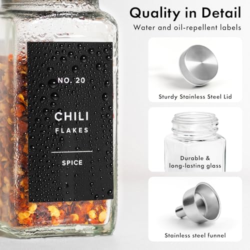 EDELHAUS Glass Spice Jars with Label, 24x Stainless Steel Lids | Airtight lids keep spices fresh; use as a spice organizer, seasoning containers or 4 oz jar set; funnel, brush & 240 labels - color: Stainless Steel Lid