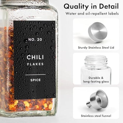 EDELHAUS Glass Spice Jars with Label, 24x Stainless Steel Lids | Airtight Lids keep spices fresh, Kitchen Spice Drawer Organizer, 4oz Seasoning Containers incl. Funnel, Brush & 240 Labels - color: Stainless Steel Lid