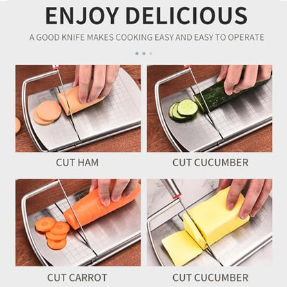 Stainless Steel Cheese Slicer with Block Cheese Blade, Cutting Board with Precise Measurements, Multi-purpose Slicing Tool for Blocks of Cheese, Butter, and Sausage., conventional, Silver