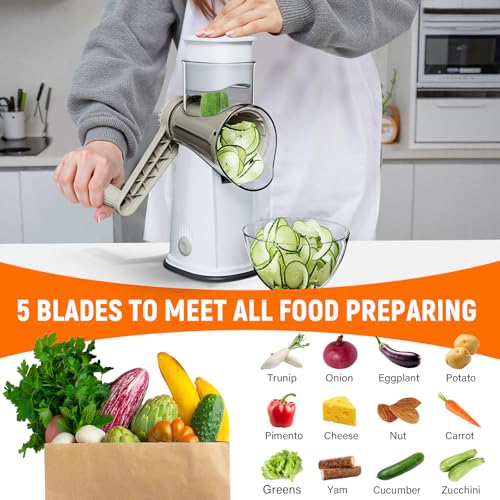 Rotary Cheese Grater Hand Crank with 5 Interchangeable Blades, Vegetable Slicer Chopper for Fruit Vegetable Nuts, Mandoline Slicer for Kitchen with Blades Rack & Suction Base, White - color: White