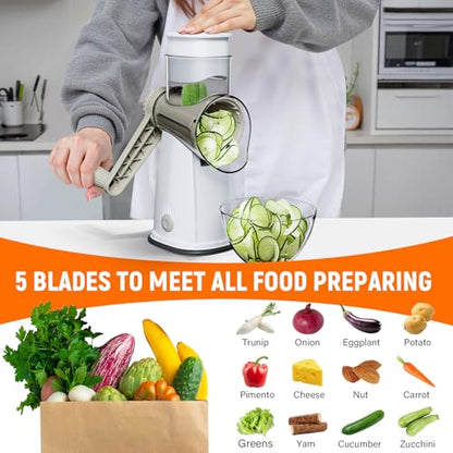 Rotary Cheese Grater Hand Crank with 5 Interchangeable Blades, Vegetable Slicer Chopper for Fruit Vegetable Nuts, Mandoline Slicer for Kitchen with Blades Rack & Suction Base, White - color: White