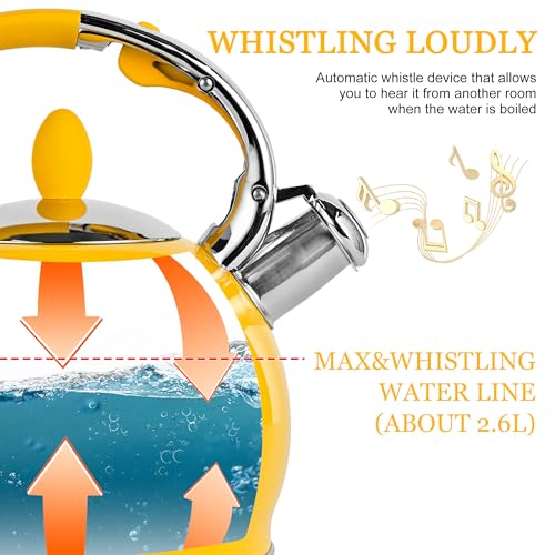 SUSTEAS Stove Top Whistling Tea Kettle - Food Grade Stainless Steel Teakettle Teapot with Cool Touch Ergonomic Handle, With 1 Silicone Pinch Mitt Included, 2.64 Quart,YELLOW - color: Yellow