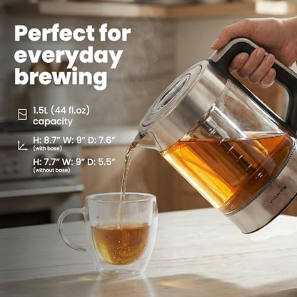 Viante Alba Electric Tea Kettle With Infuser, No Plastic, 1.5L | Borosilicate glass & 304 stainless steel construction. 4 temp presets, keep-warm, cordless, auto shut-off - style: Stainless Steel