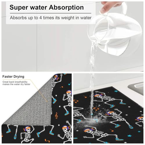 Dancing Skeletons Star Musical Notes Dish Drying Mats for Kitchen Counter, Super Absorbent Microfiber Drainer Pad, Washable Reversible Appliance Protector, Kitchen Must-Have, 16x18 Inch - color: Dancing Skeletons Star Musical Notes