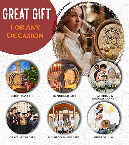 Personalized 1 Liter Oak Aging Barrel with Stand, Bung, and Spigot - Age Wine, Cocktails, Bourbon, Whiskey, Beer and More! Laser Engraved Bistro Design (B314) - size: 1 Liter
