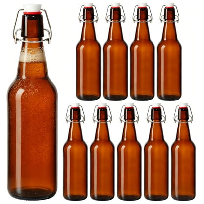 KEYWING 16oz Amber Swing Top Glass Bottles with Stoppers, 10 Pack Airtight Flip Top Bottles for Kombucha, Fermentation, Beer, Vanilla Extract, Soda, Mead, Cider, Kefir & Home Brewing - size: 16oz 10 pack