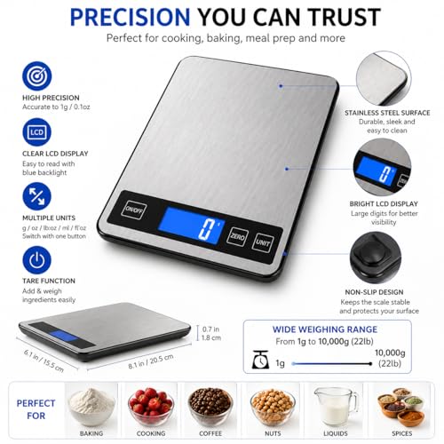 Digital Kitchen Scale 10kg/22lb, Food Scale Grams and Ounces, 1g High Precision, USB Rechargeable, Stainless Steel, Tare Function, LCD Display, Multi-Unit for Baking, Cooking & Meal Prep