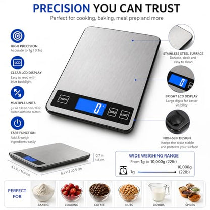 Digital Kitchen Scale 10kg/22lb, Food Scale Grams and Ounces, 1g High Precision, USB Rechargeable, Stainless Steel, Tare Function, LCD Display, Multi-Unit for Baking, Cooking & Meal Prep