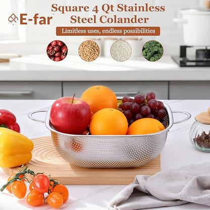 E-far 4QT Square Stainless Steel Colander - Metal Strainer with Handle for Draining Pasta & Vegetables, Micro-Perforated & Elevated Feet, Dishwasher Safe - size: 4QT