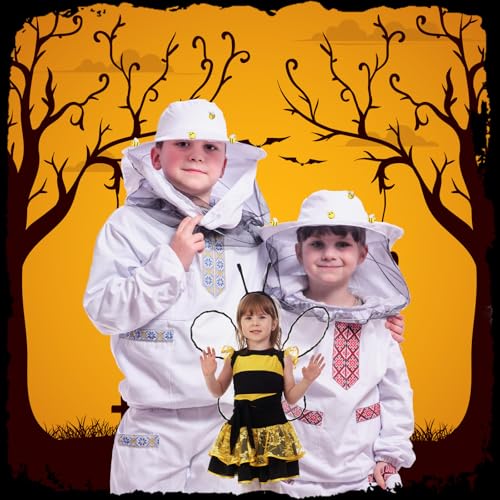 62 Pcs Beekeeper Costume Set Bee Keeper Hat with Veil 20pcs Felt Bees Beekeeping Gloves 2 Sheets Double Sided Tape Bee Keeper Costumes Adult Halloween Costume
