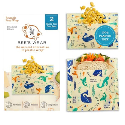 Bee's Wrap Beeswax Wraps for Food - 2 Pack of Assorted Beeswax Wraps - Snack Bag & Sandwich Wrap - Plastic Free Made in USA Reusable Natural Food Wrap - Under The Sea - style: Under The Sea