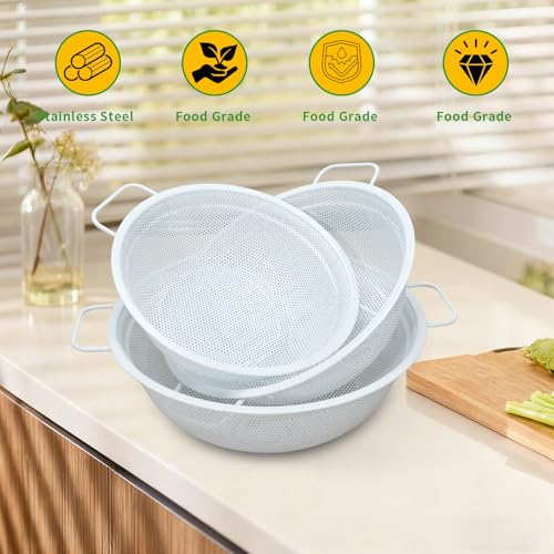 Colander Set with White Coating, Stainless Steel Micro-Perforated Colanders Strainers for Draining Rinsing Washing, Ideal for Vegetables Fruits, Heavy Duty & Dishwasher Safe - color: White