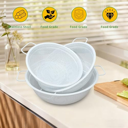 Colander Set with White Coating, Stainless Steel Micro-Perforated Colanders Strainers for Draining Rinsing Washing, Ideal for Vegetables Fruits, Heavy Duty & Dishwasher Safe - color: White