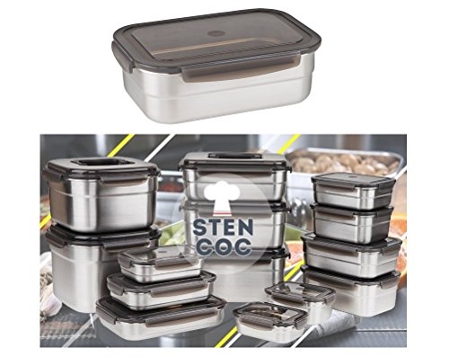 STENCOC Stainless Steel BPA Free Rectangular Leakproof Airtight Kimchi/Pickle/Salad/Fruit/Food Storage Container Saver (1.5L / 51oz / 8.3") Half-Transparent Lid Stackable