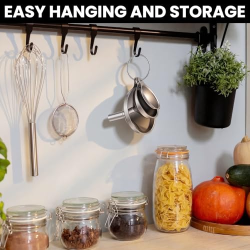 Mifoci 6 Pcs Stainless Steel Funnels for Kitchen Use Filling Bottles 3 Sizes Mini Metal Funnels Food Grade for Liquids, Oils, Powders & Spices Includes 2 Cleaning Brushes Hanging Rings Easy Storage