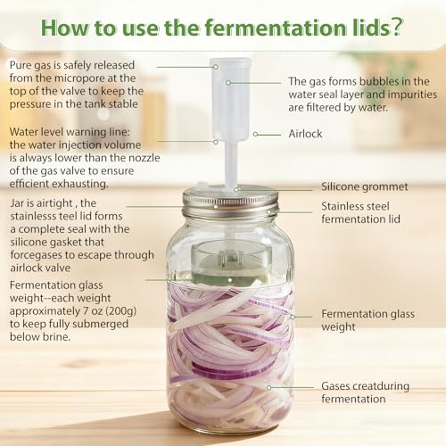 Fermentation Kit for Wide Mouth Mason Jars, 4 Easy-Lift Glass Weights, 4 Stainless Steel Fermentation Lids with Airlocks, 6 Silicone Rings and 6 Silicone Stoppers (Jars Not Included)