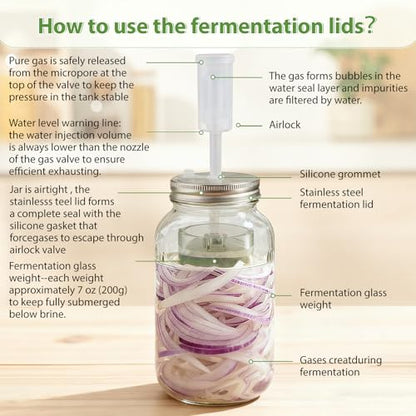 Fermentation Kit for Wide Mouth Mason Jars, 4 Easy-Lift Glass Weights, 4 Stainless Steel Fermentation Lids with Airlocks, 6 Silicone Rings and 6 Silicone Stoppers (Jars Not Included)