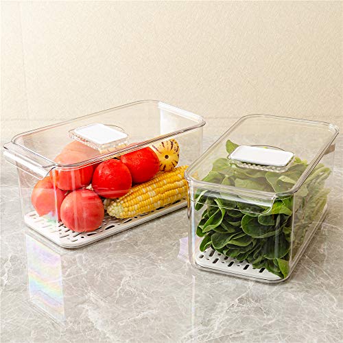 SANNO Produce Saver Refrigerator Organizer Bins with Lids And Removable Drain Tray Food Storage Container Fridge Stackable Freezer Bins For Kitchen Produce Fruit Vegetable (Set of 2) - size: 12.4” x 6.4”x 5.7"+12.4” x 6.4”x 5.7"