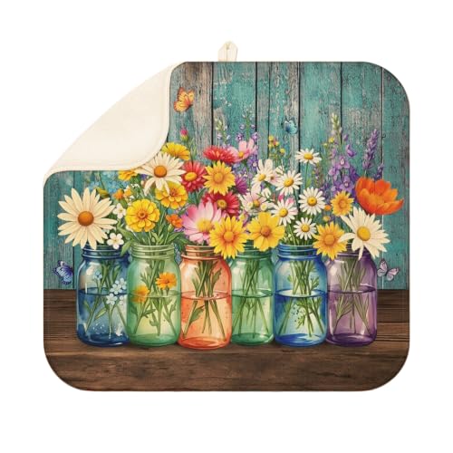 Vintage Daisy Dish Drying Mat for Kitchen Super Fast Absorbent Dishes Drainer Mat Large Dishes Drying Pad for Dishes, Pots and Pans, Utensils, Kitchen Countertop Decor 16x18 in - color: Vintage Daisy, size: 16" x 16"