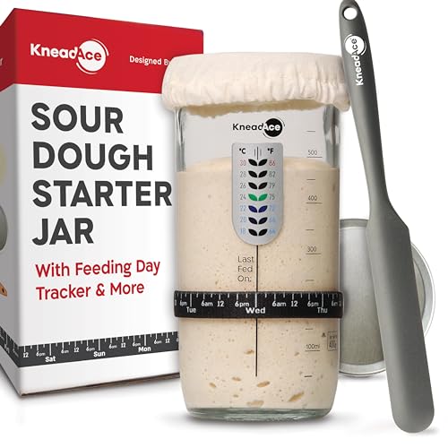 KNEADACE Sourdough Starter Jar With Date Marked Feeding Band, Thermometer, Sourdough Jar Scraper, Sourdough Container Sewn Cloth Cover & Metal Lid, Sourdough Starter Kit - color: 1 Pack