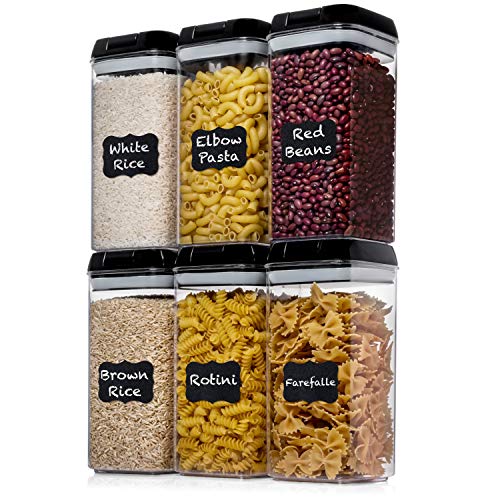 Shazo Airtight Food Storage Containers with Lids - 6 PC BPA Free Clear Plastic Cereal Containers with Easy Lock Lids for Kitchen and Pantry Organization for Snacks and Pasta - 1.2L - color: Black