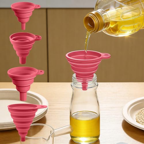 4PCS Silicone Collapsible Funnels Set for Kitchen Use Compact and Portable Liquid Transfer Tool, Collapsible Gadgets(Pink) - color: 4PCS-Pink