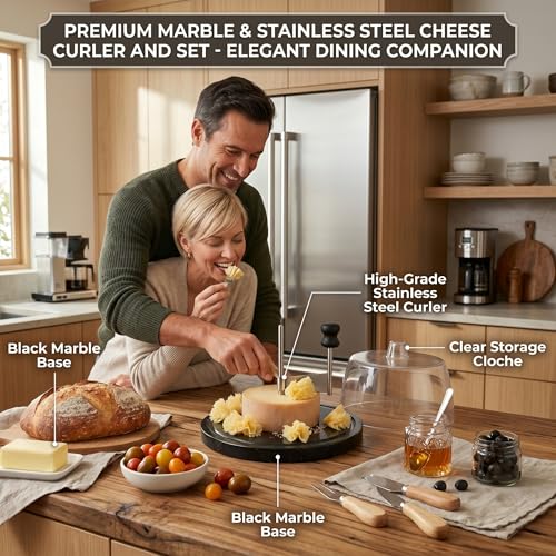 Marble Cheese Curler & Cheese Flower Cutter – Sharp Stainless Steel Blade with Dust Cover & Knife Set for Cheese Flowers, Wheels & Appetizers | Easy to Use & Clean | Gift for Entertaining - color: Marble Base - Black