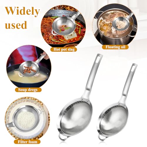 2 Packs Punch Hole Sieve Fine Mesh Stainless Steel Mesh Strainer Small Colander Strainer with Handle Metal Mini Sifter Set for Kitchen Baking Straining Flour Quinoa Tea Juice